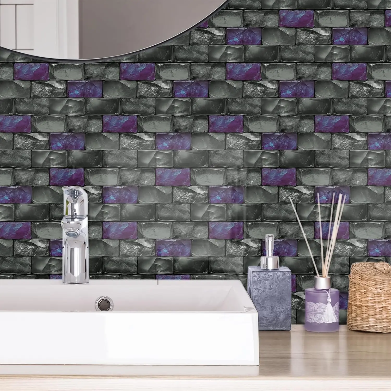 TUOKING 24-Piece Peel and Stick Wall Decor, 3D Crystal PVC Subway Tile Waterproof Wallpaper Film (11.8"x5.9"), Moisture-Proof Decor for Kitchen/Bath, Effortless Installation Home Improvement Wallpaper, Laundry Room Wallpaper