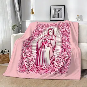 1pc Rose Virgin Mary Blanket, Sweet Cool Subculture Flannel Throw, Guadalupe Virgin Print, Sofa Cover for Bedroom Living Room Dorm, Floral Print Blanket