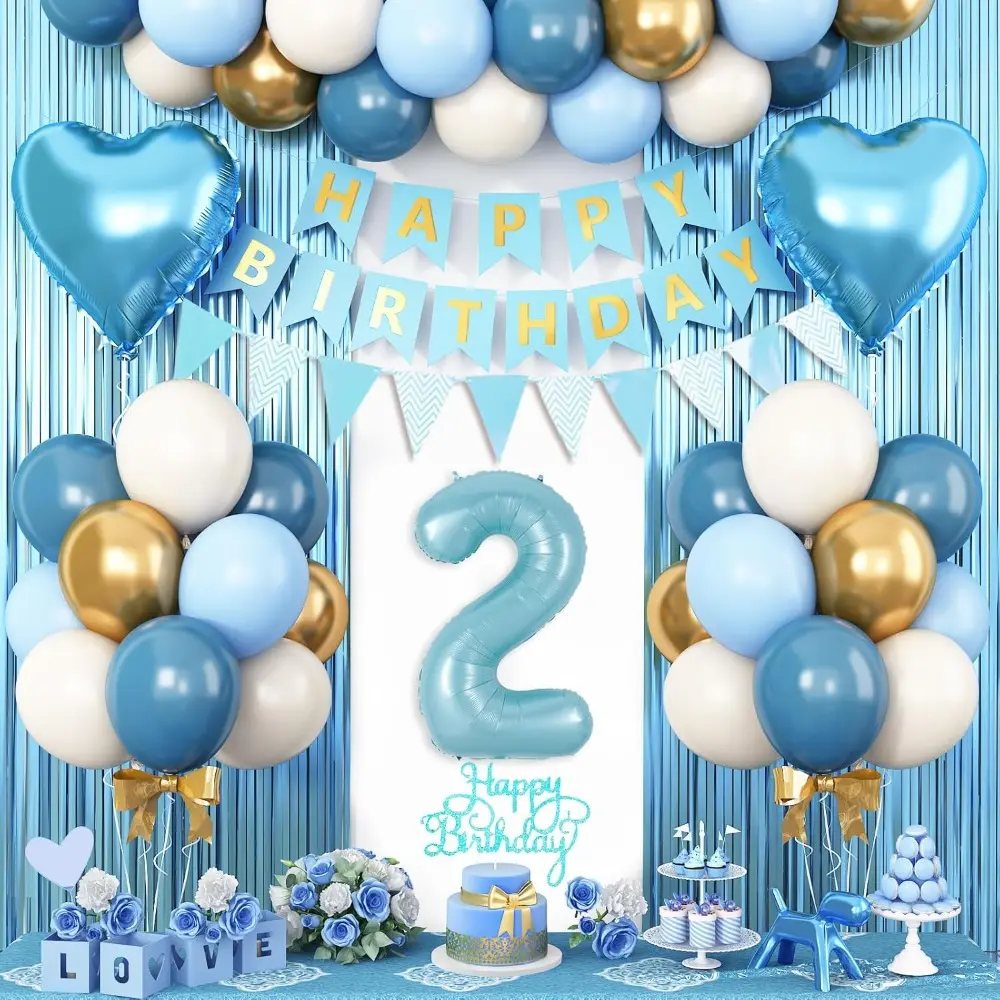2nd Birthday Party Decorations Kit, 25-Piece Festive Supplies Set with Metallic Latex Balloons, Heart Shaped Mylar Balloons, Banner, Fringe Curtain, Cake Topper for Kids, Indoor & Outdoor Use, Mylar Balloon, Heart Shaped Balloons
