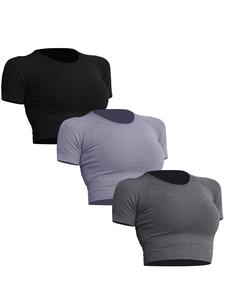 sporty women's solid color raglan sleeve scoop neck tee shirt, back to school outfits, casual sport round neck short sleeve cropped t-shirt for yoga gym workout, gym t shirts, workout clothes women