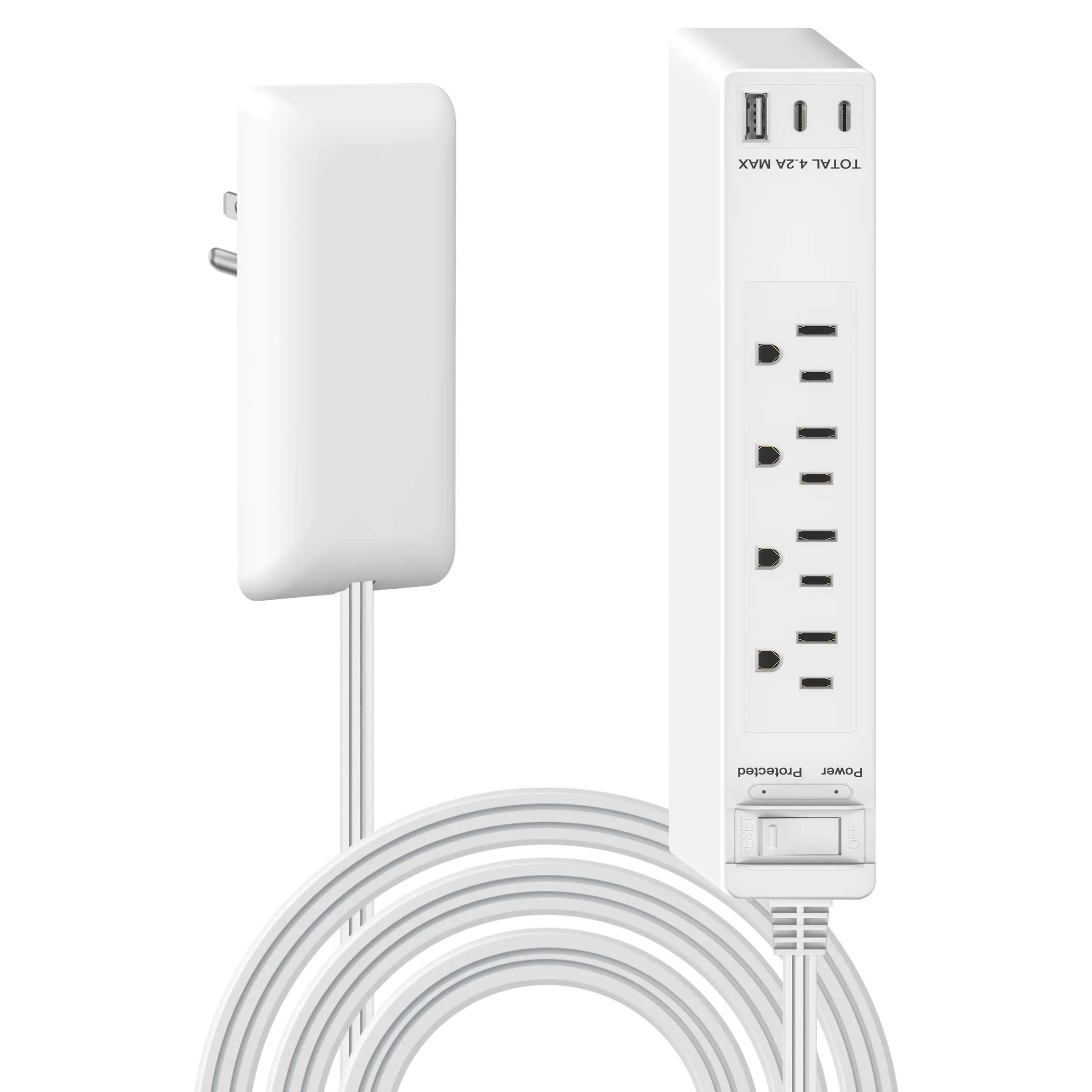 LIDER Surge Protected 4-Outlet Wire Extender with Flat-Face, USB Type-A and 2 USB Type-C, Ultra-Thin Wall Plate Plug with Cord Extender, 4-Outlet Power Strip, Flat-Face, 5 Feet Cord