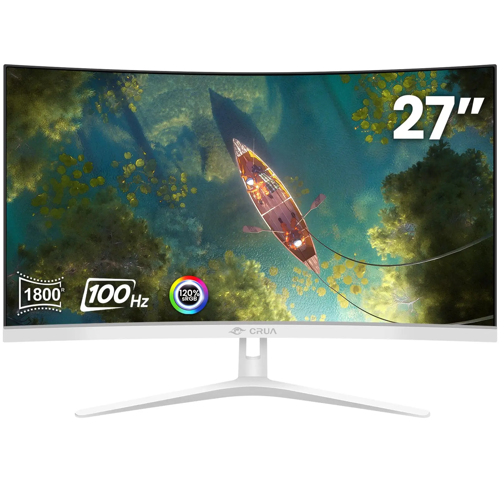 CRUA 27 Inch FHD 100Hz White Curved Monitors, 1800R VA Frameless Gaming Monitor, 120% sRGB, Blue Light Filter, Flicker-Free, HDMI 1.4, VGA, Tilt Stand, 100x100 Mount, Home Office, Casual Gaming
