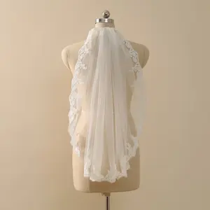 Lace Trim Wedding Veil, Short Fingertip Bridal Veil, Ivory