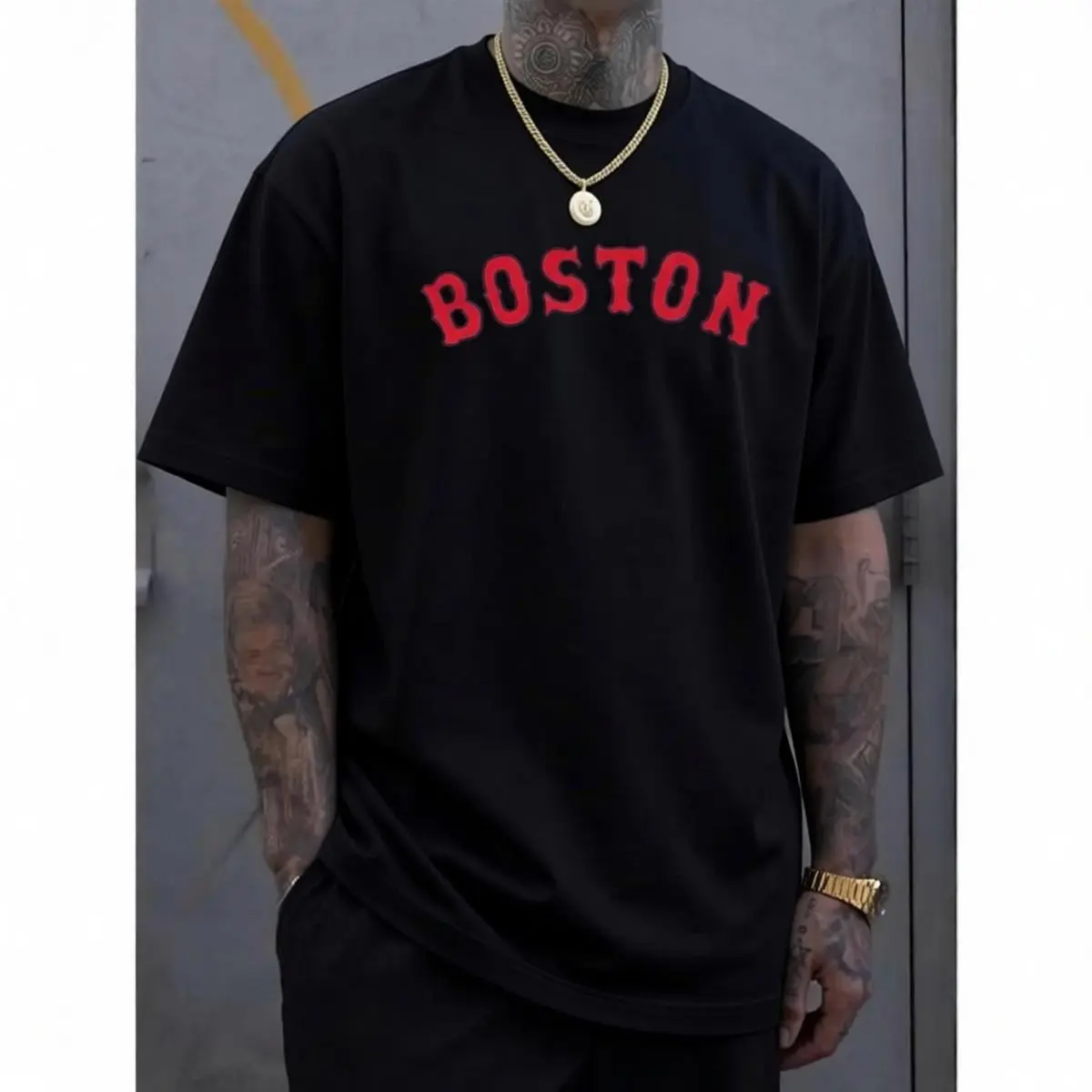 Men's Boston-Inspired Casual Tee - Cool, Comfortable & Stylish Letter Print Short Sleeve Shirt for Summer, Boston-inspired, Casual, Summer, Conventional Version, Leisure Style, Four Seasons