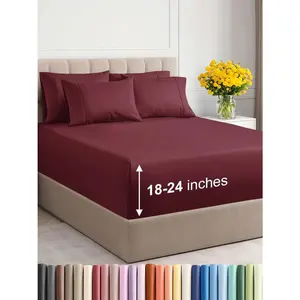 Extra Deep Queen Sheet - 6  Cooling - with 18-24 Inch Extra Deep Pockets - Easy Fit - Super, Wrinkle Free and - Burgundy, Queen Size