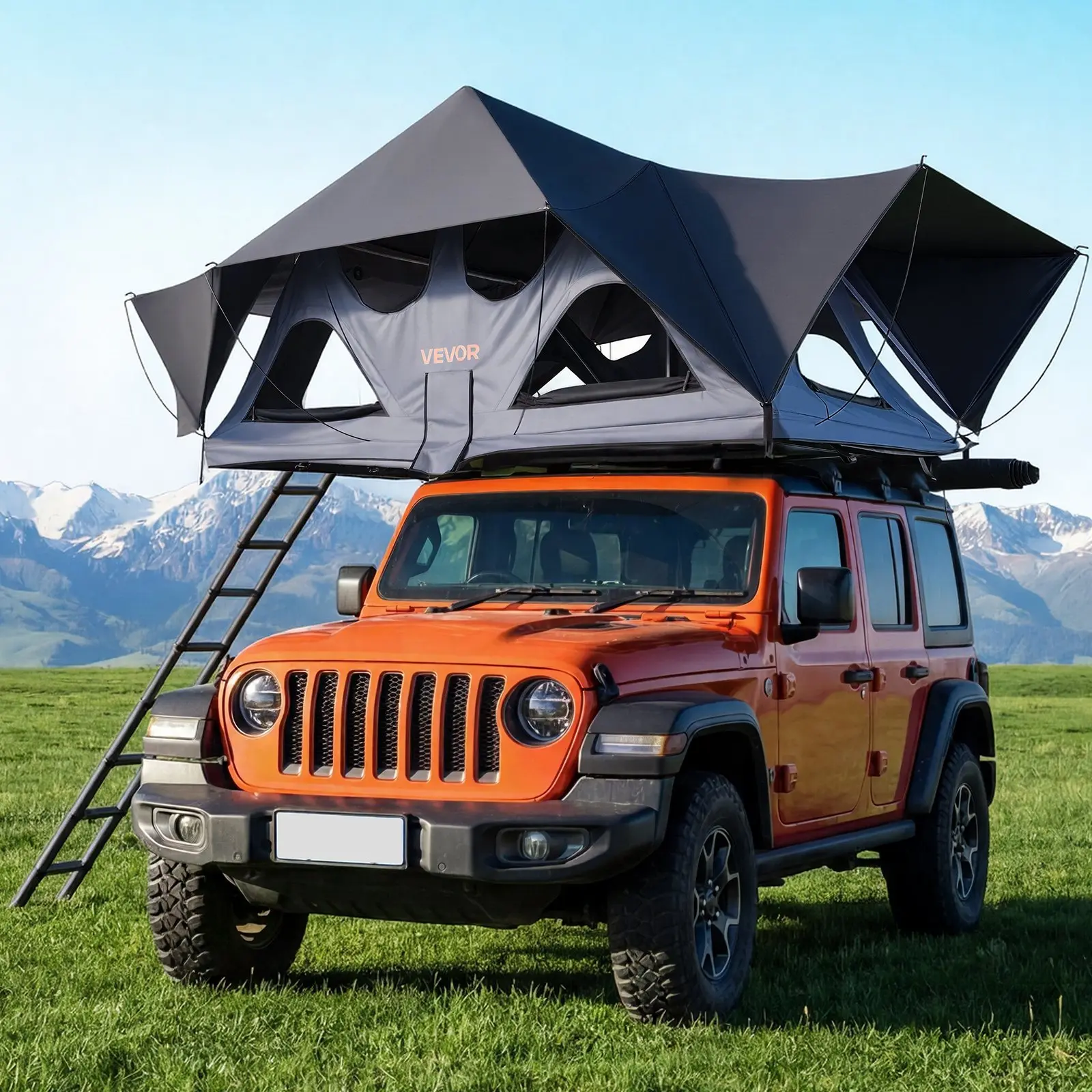 【Summerfinds】VEVOR Aluminum Frame Rooftop Tent, 2-3 Person Foldable Durable Model with Color Changing Tri-Color LED Light, Thick Mattress, 10 Windows, Ladder, Waterproof Windproof Extendable Canopy for Jeep SUV Pickup Overland Camping Car Roof Rack, Alumi