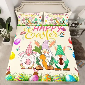 Easter Dwarf Bedding Set, Cute Cartoon Dwarf Bed Sheet, Easter Egg Decoration, Watercolor Floral Mushroom Print, Includes Fitted Sheet and Pillowcases