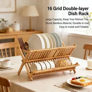New 16 Grid 2-Tier Bamboo Dish Drying Rack, Foldable Countertop Plate Organizer, Multi-Functional Collapsible Dish Holder for Kitchen, RV & Small Apartment