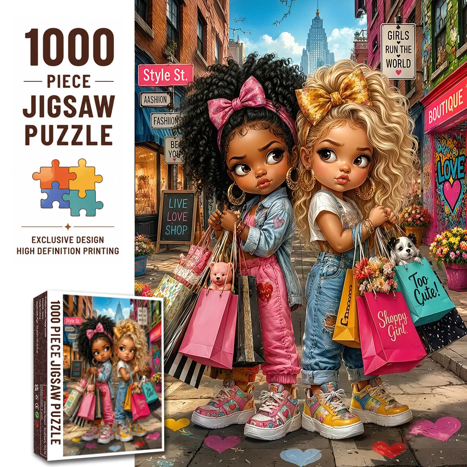 Walarky Fashion Shopping Girls 1000 Pieces Jigsaw Puzzle, Cute Best Friends City Street Boutique Fashion Illustration, Family Game, Stress Relief, Relaxing Brain Challenge, Wall Decor, Gift for Women Girls and Fashion Lovers, 27.5x20inch(70x50cm)