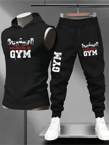 Powerhouse Gym Weightlifting Sleeveless Hoodie & Sweatpants Set, Sports Tracksuit, American Fitness Style Two-Piece Sportswear, Men's Workout Clothing