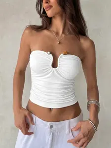 White Strapless Women Top with Front Keyhole and Ruched Detailing Sleeveless Elastic Waist Cami Summer Beach Vacation Chic Going Out Top with Gold Starfish Necklace
