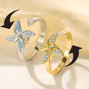 September Laurel  Gold Windmill Spinner Ring • Dainty Spinning Bypass Ring • Friendship Jewelry • Perfect Gift for Best Friends