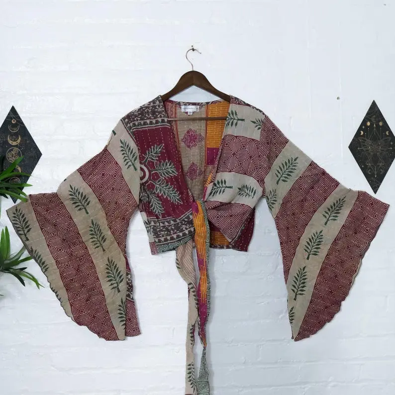 Kantha Wrap Top, Vintage Upcycled Boho Tie Top, Three Way Tie Top, Bohemian Wrap Top, Handmade Ruffle Sleeve Blouse, Hippie Boho , Fairy Top