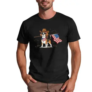 Beagle Holding American Flag T Shirt, Patriotic Puppy Graphic Tee, Cowboy Hat Dog Casual Short Sleeve T-Shirt, USA Flag Inspired Daily Wear T-Shirt for Men Women, Cute Pet Statement Tshirt