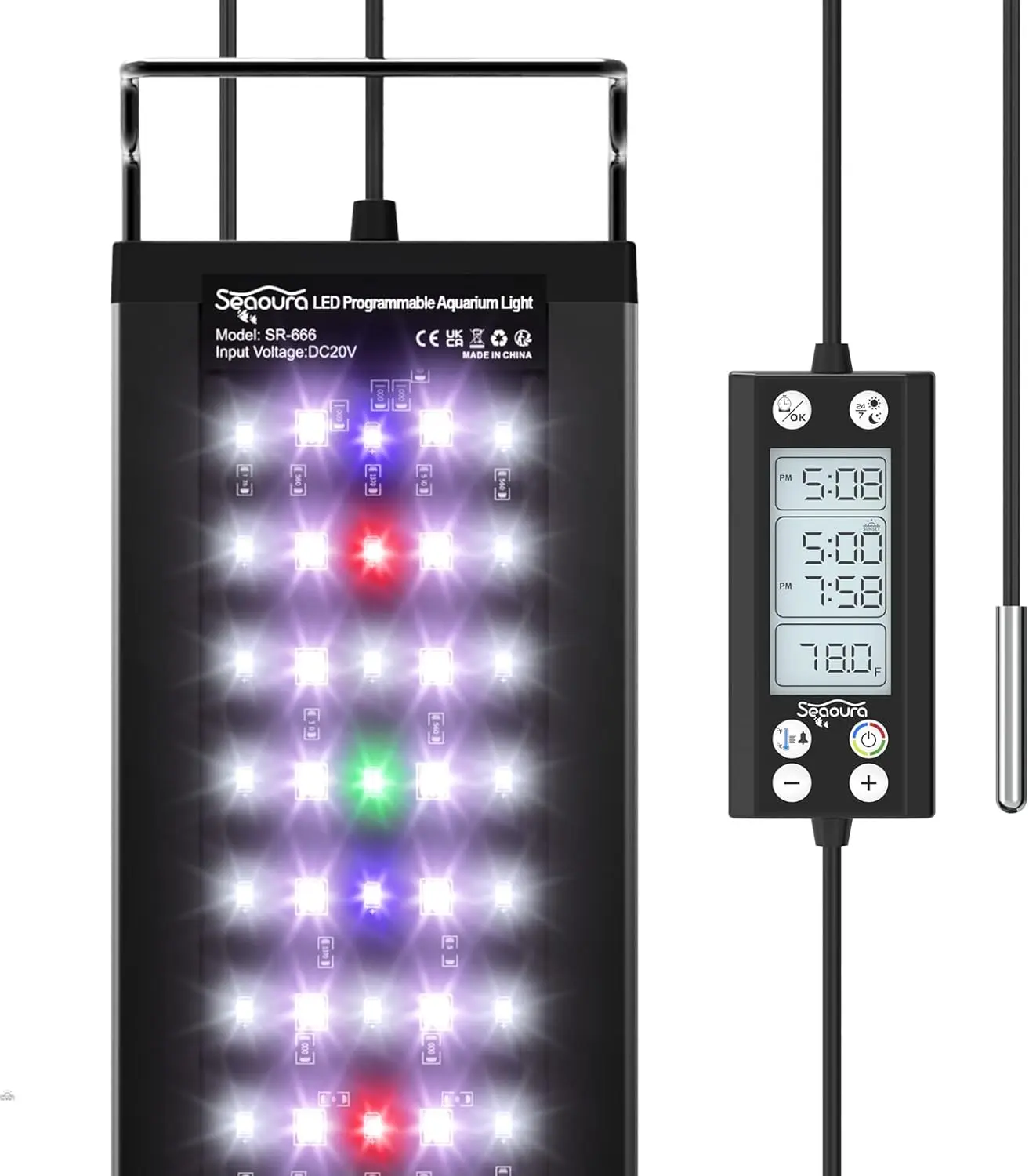 SEAOURA SR-666 Programmable Full Spectrum Aluminum LED Aquarium Light - 48W, 7 WRBG Monochrome Colors, IP68 Waterproof, 24/7 Auto On/Off, Thermometer, 20 Levels, 1.06in Installation Height, 1.97in Height, for 48-54in Planted Tanks, Aquascaping Accessory,