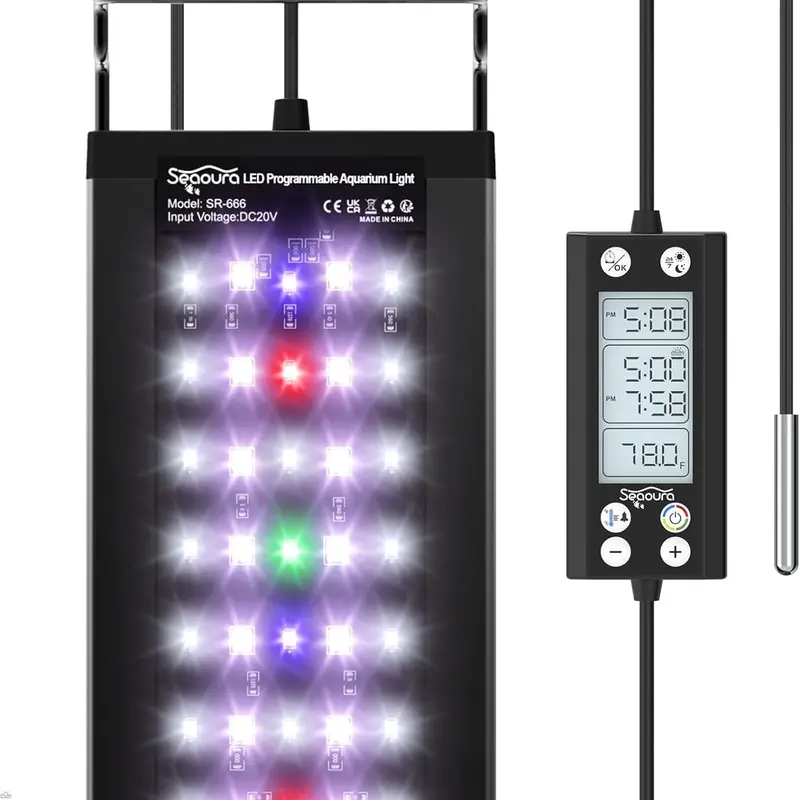 SEAOURA SR-666 Programmable Full Spectrum Aluminum LED Aquarium Light - 48W, 7 WRBG Monochrome Colors, IP68 Waterproof, 24/7 Auto On/Off, Thermometer, 20 Levels, 1.06in Installation Height, 1.97in Height, for 48-54in Planted Tanks, Aquascaping Accessory,,
