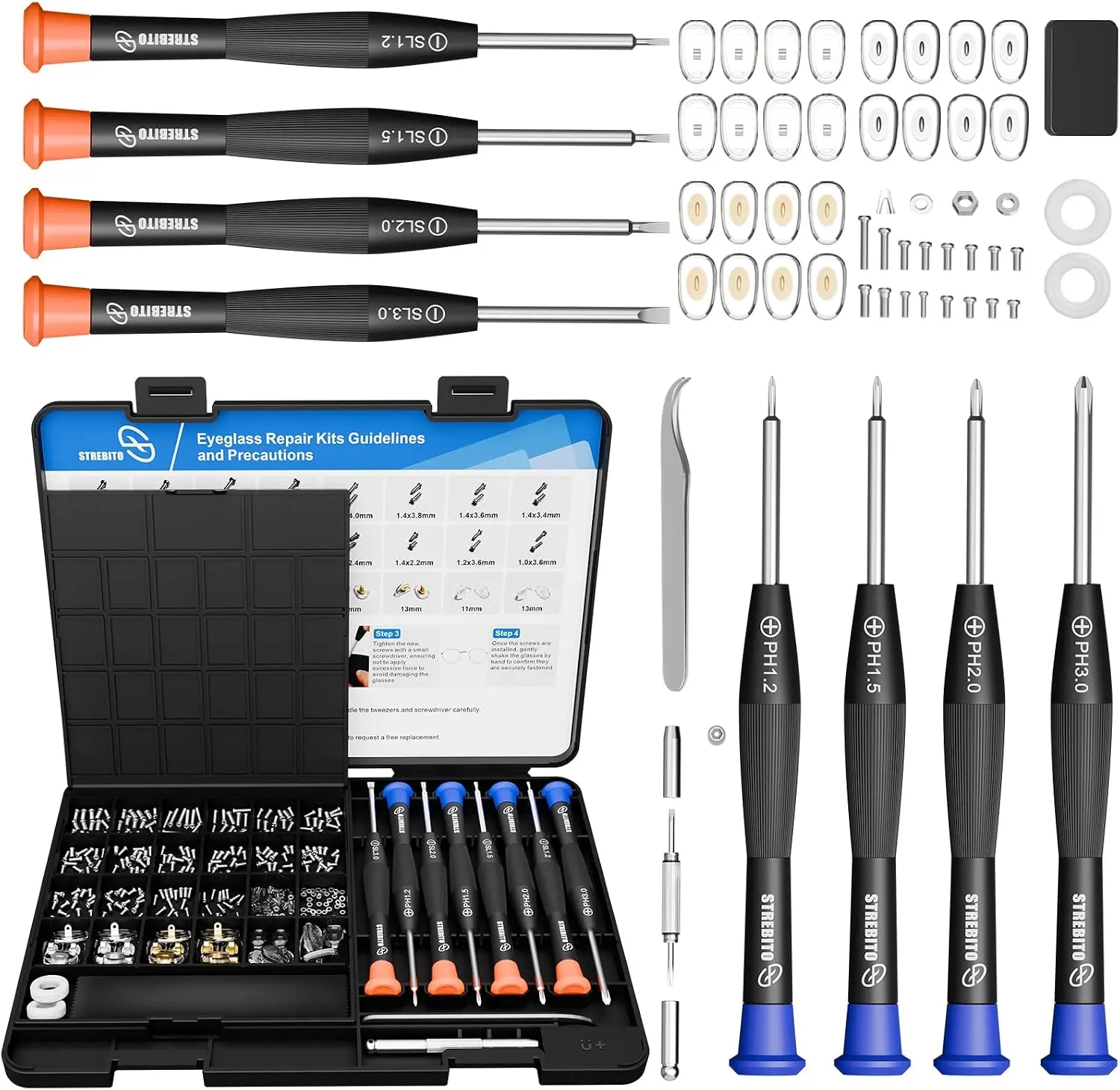 STREBITO All-in-1 Eyeglass Repair Kit - Precision Screwdriver Set, 16 Sizes of Screws, 12 Pairs of Nose Pads, Tweezer for Glasses, Sunglasses & Small Electronics