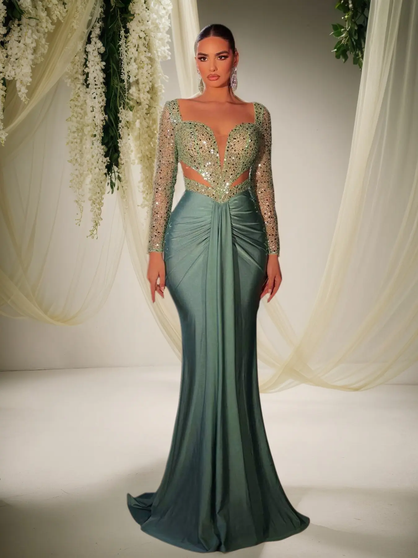 Elegant Sequined Patchwork Mermaid Womenswear Maxi Dress, V Neck Long Sleeve Formal Wear Evening Gown, Perfect for Proms, Carpet, High-End Social Events Fit
