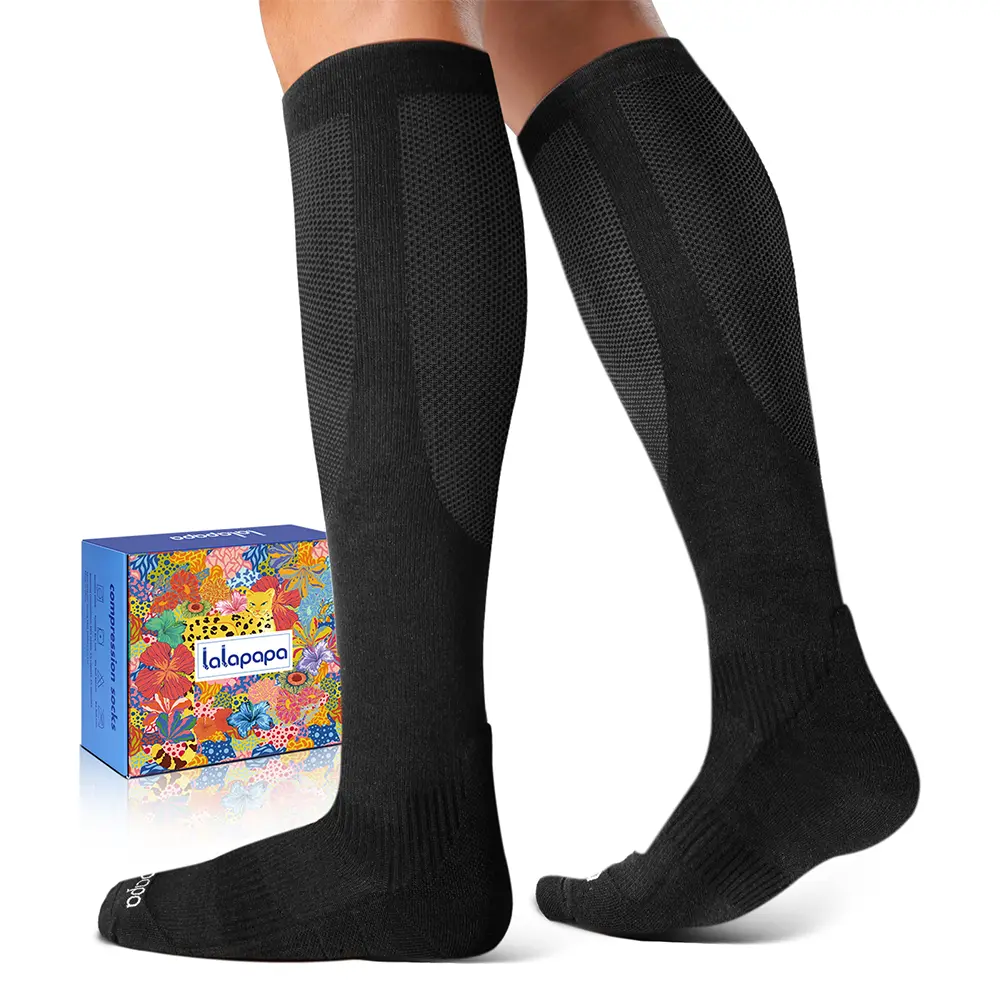 Lalapapa Unisex Breathable Cotton Mid-Crew Athletic Compression Socks (20-30mmHg) with Arch Support & Cushion for Running & Travel, Athletic Running Socks