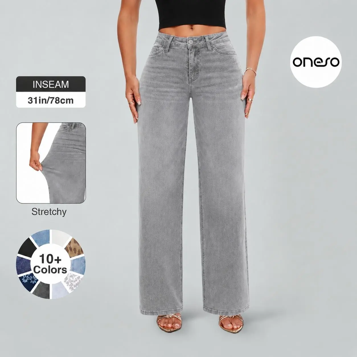 Magic ONESO Tummy Control Stretchy BBL Wide-Leg Jeans for Women Washed Grey Mid-Low Rise Snatched Waist Denim Minimalist Everyday Pants Womenswear