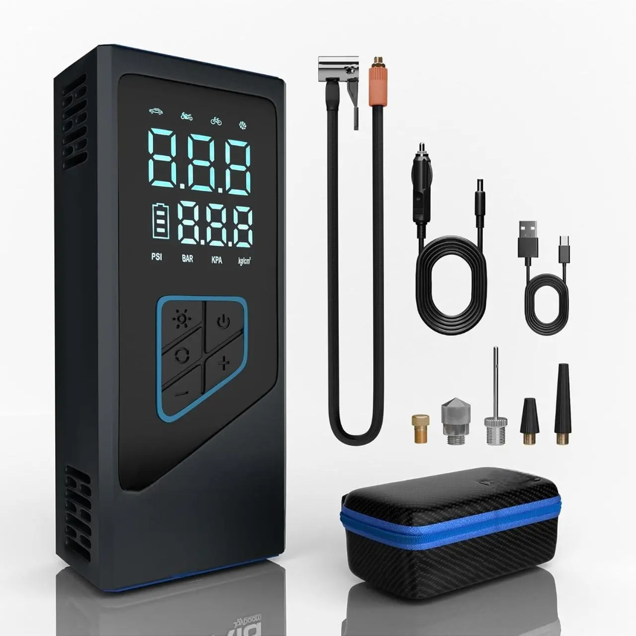 Premium Portable Tire Inflator for Car, 150 PSI Wheel & Tire Air Compressor and Inflator with Battery, Fast Electric Digital Tire Pressure Pump Gauge for Vehicle, Car, Bike & Motorcycle Tires