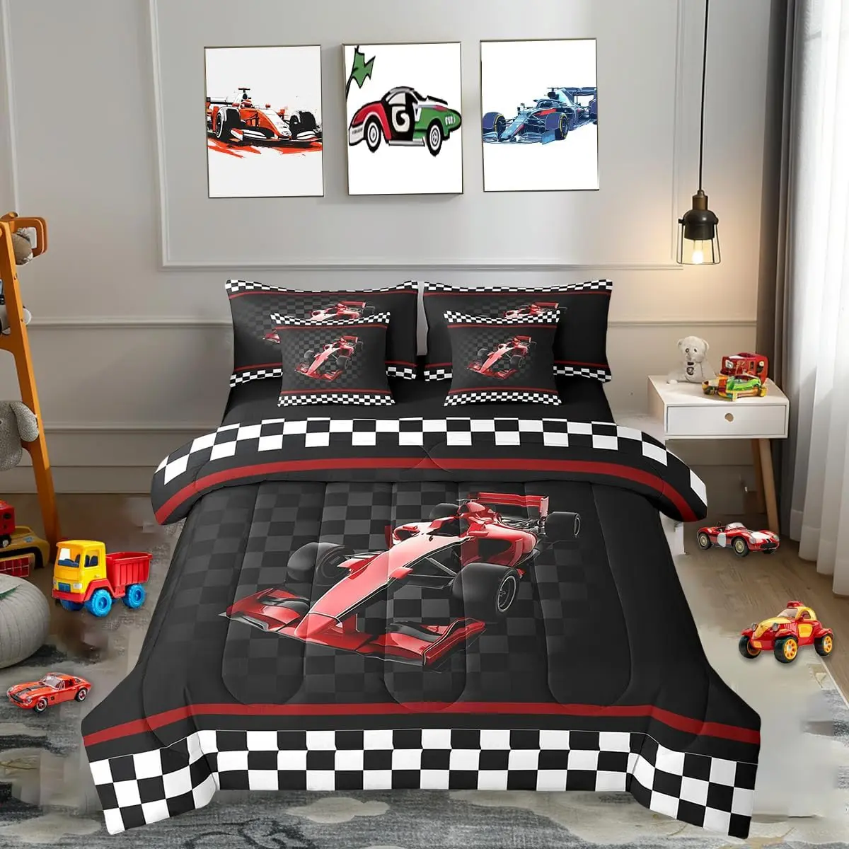 3D Red Formula Car Comforter Set 7 Pieces Reversible,Cool Racing Car Bed Set,Racing Speed Sport Bedding Soft Microfiber,(1 Comforter,2 Pillowcase,2 Pillow Covers,1 Flat Sheet,1 Fitted Sheet)