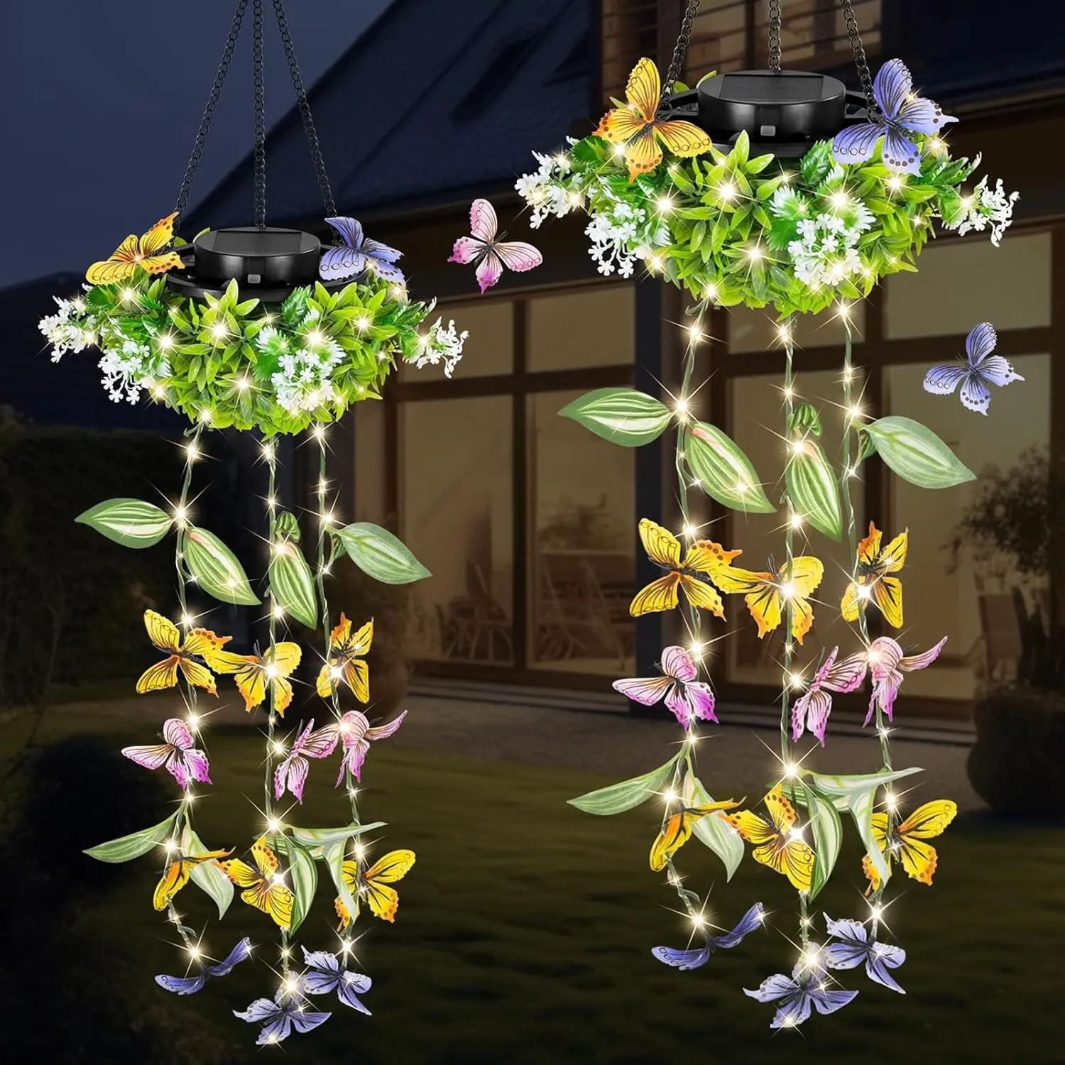 Solar Hanging Garden Lights Set of 2, Artificial Butterfly and Flower LED Fairy String Lights, Ip65 Waterproof Outdoor Holiday Decor, Solar Patio Lights, Yard Lighting, Outdoor Lights for Yard