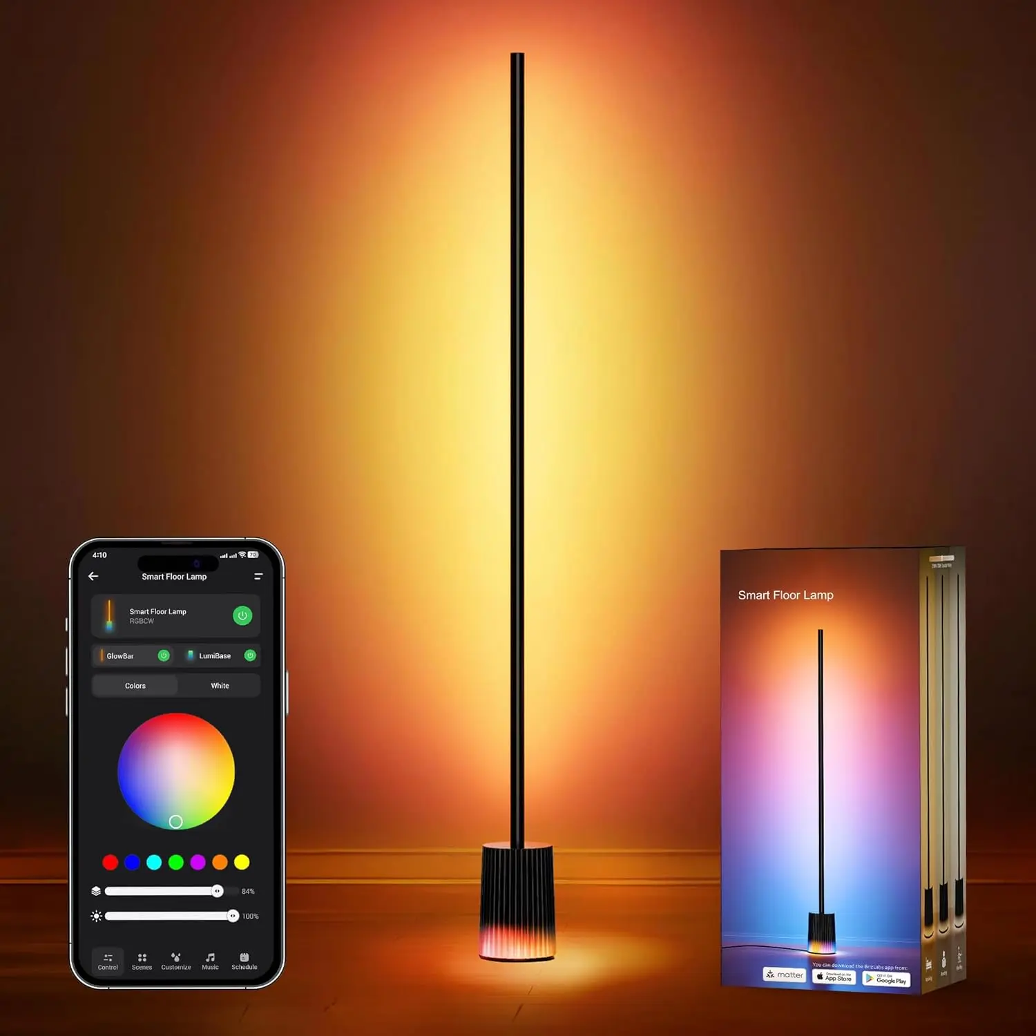 Brizlabs Matter Smart Floor Lamp, RGBCW 1725lm Alexa & Google Compatible, 75+ Scene Modes with Lighting Base, Music Sync DIY Lamp for Indoor Use – Schedule, Customize Relaxing & Entertaining Spaces
