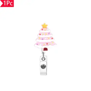 Obsessed Sweet Cute Cream Christmas Tree, Color Lights + Star, Glitter Acrylics Badge Reel, Gentle Festive ID Clip, Perfect for Christmas