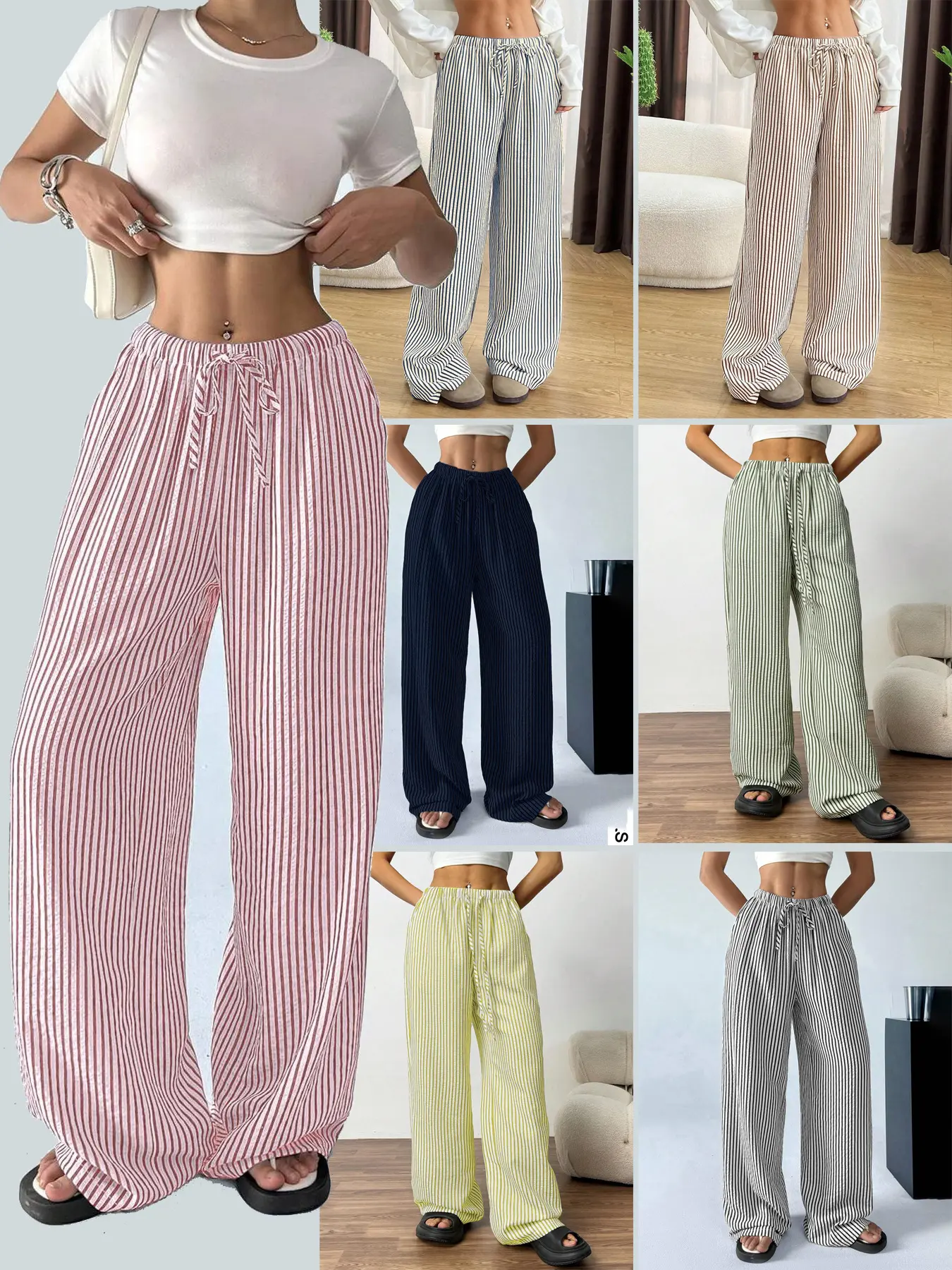 Women’s textured vertical striped casual wide-leg long pants — lightweight, breathable, drawstring elastic waist, loose straight cut; color-block design available in multiple colors; versatile women’s casual long pants for all seasons.