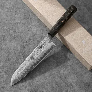 Yuanren Carbon Fiber 8.5'' Chef Knife W61F Damascus Stainless Powder Steel 67 Layers Hammer Forge Gold Foil Black Gold Carbon Fiber Handle Dora's Kitchen