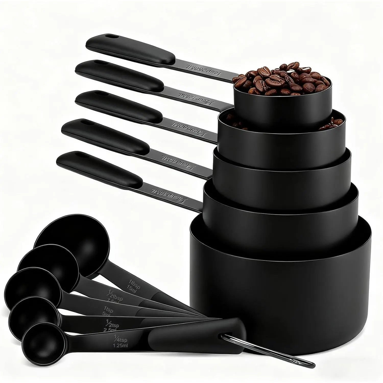 Measuring Cups and Spoons Set, Titanium-Plated Matte Black Stainless Steel 10 Piece for Cooking and Baking (5 Cups + 5 Spoons All Black)