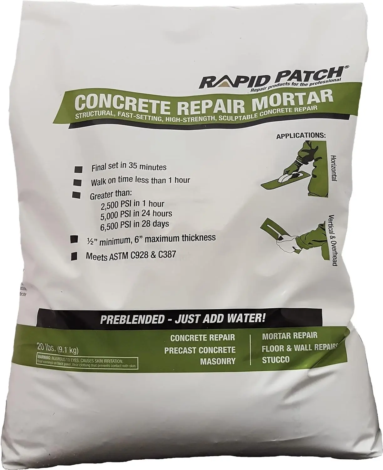 Rapid Patch Concrete Repair Mortar, 20 Pounds | High Strength, Cement, Concrete, Repair Mortar, Mix for Floors, Cracks, Patches
