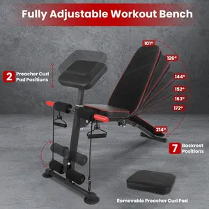 Adjustable Weight Bench with Preacher Curl Pad Resistance Bands Leg Extension Foldable Strength Training Workout Bench for Home Gym Full Body Exercise Stable Decline Incline Bench