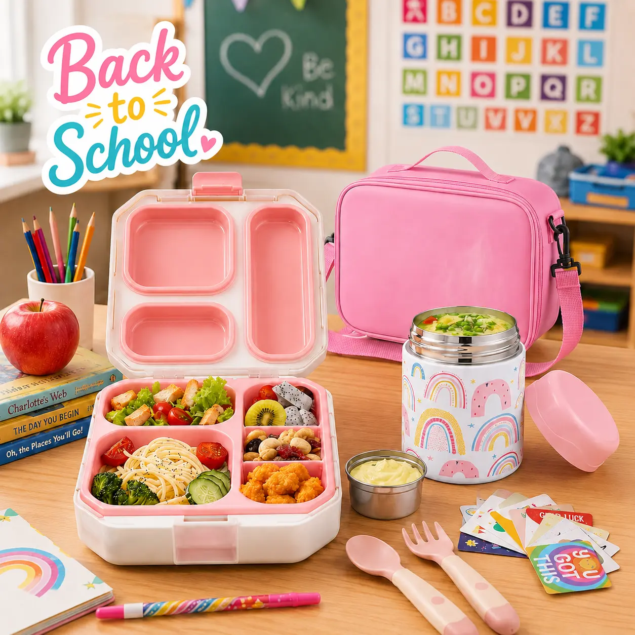 [Summervibes] summerwins Bento Lunch Box for Kids with 12oz Soup Thermo Leak-Proof Lunch Food  with 5 Compartment Thermo Hot Food Jar and Insulated Lunch Bag for Kid Toddler Girls Boys to School microwavable portable dinner preschool