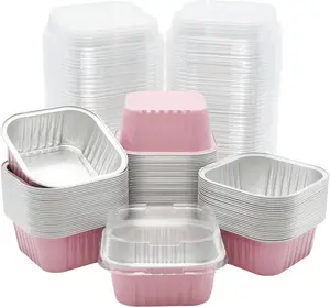 30Pack 5oz Pink Mini Cake Pans with Lids Baking Cups Aluminum Foil Pans Tins Individual Dessert Cups Containers for Sales Party Picnics Bakeware Square