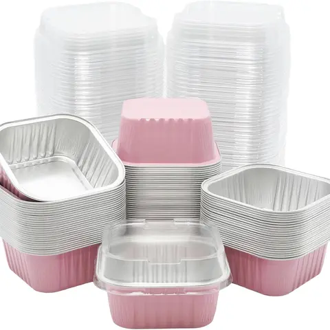 30-Pack Square Disposable Aluminium Foil Baking Cups with Plastic Lids (5oz/150ml, 2.7x2.7x2.1in) - Kitchen Bakeware Utensils for Events, Event Planners, On-the-Go Desserts, Gift Stylishly