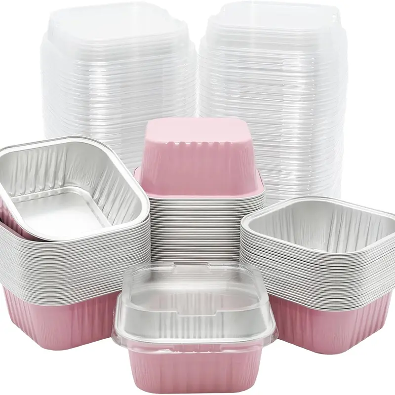 30-Pack Square Disposable Aluminium Foil Baking Cups with Plastic Lids (5oz/150ml, 2.7x2.7x2.1in) - Kitchen Bakeware Utensils for Events, Event Planners, On-the-Go Desserts, Gift Stylishly