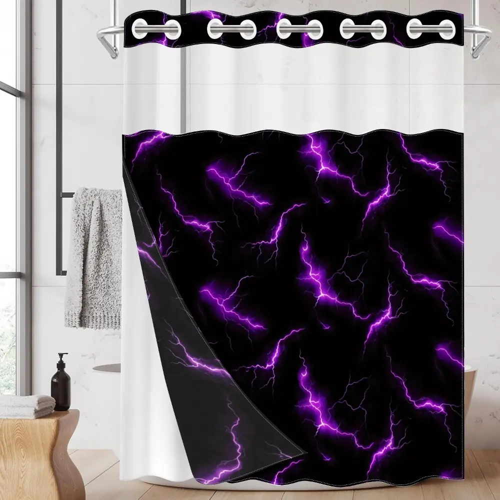 1pc hookless shower curtain, Bathroom shower curtain, with buckle lining, purple and black lightning geometric pattern design, 2D flat printing, fabric waterproof lining, see-through double-layer, 71 x 74 inches