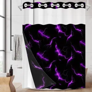 1pc hookless shower curtain with buckle lining, purple and black lightning geometric pattern design, 2D flat printing, fabric waterproof lining, see-through double-layer shower curtain, 71 x 74 inches, modern home draping curtain, Shower Essentials