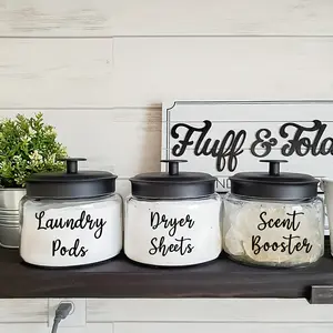 1 set of 3pcs laundry products glass jar English letter wall stickers, easy to classify and store, essential for home life, versatile in all seasons, fashionable and versatile, detachable stickers
