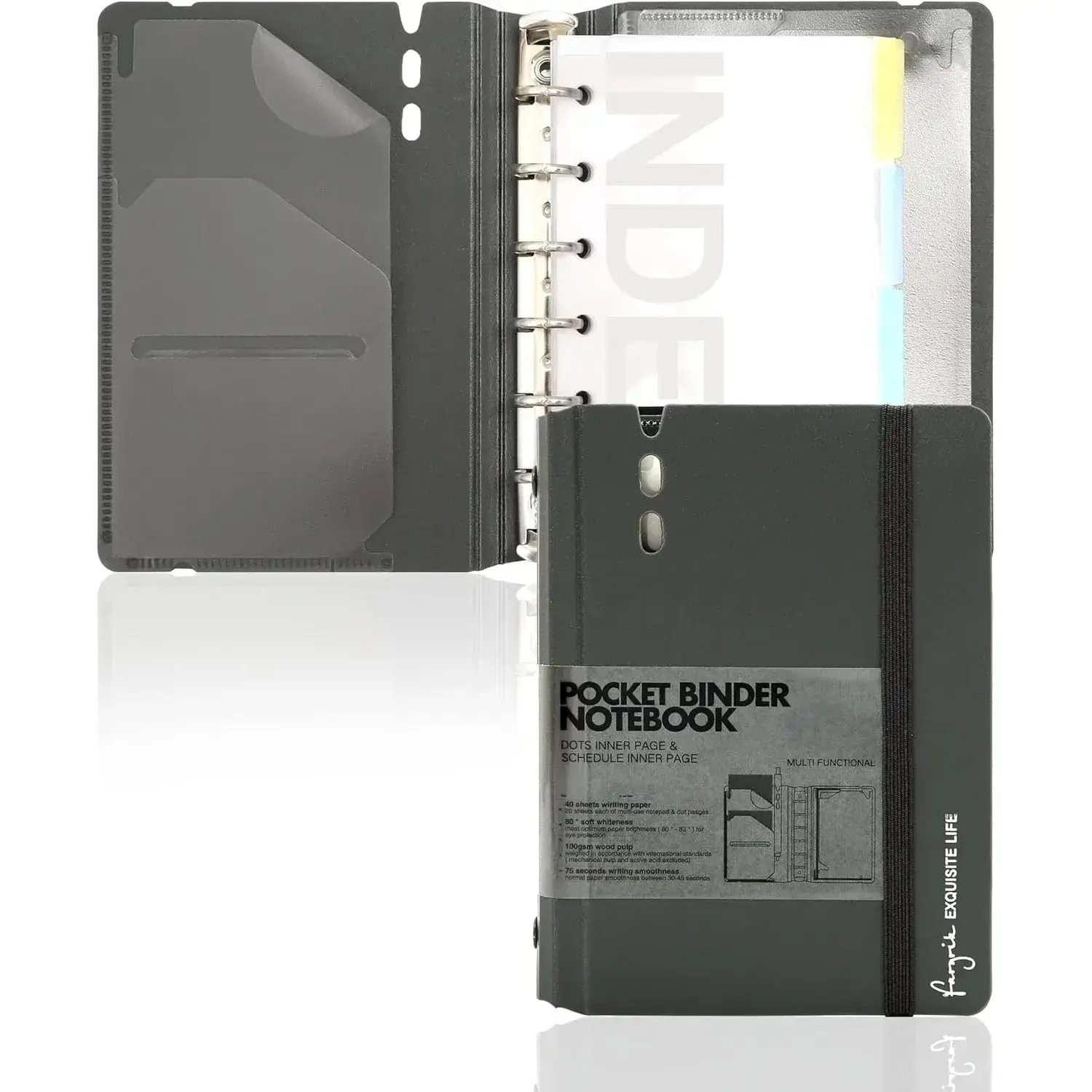 Grey A7 6-Ring Binder Planner - Hard Cover (Holds 80-100 Sheets), Travel Journal, School & Office Notebook, Subject Dividers, Pockets, Eye Protection Paper, 4.13x5.71in Hourly/Dot/Square Grid Pages, Organizer