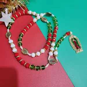 Virgen de Guadalupe rosary crystal beads red green and white 10mm beads shiny