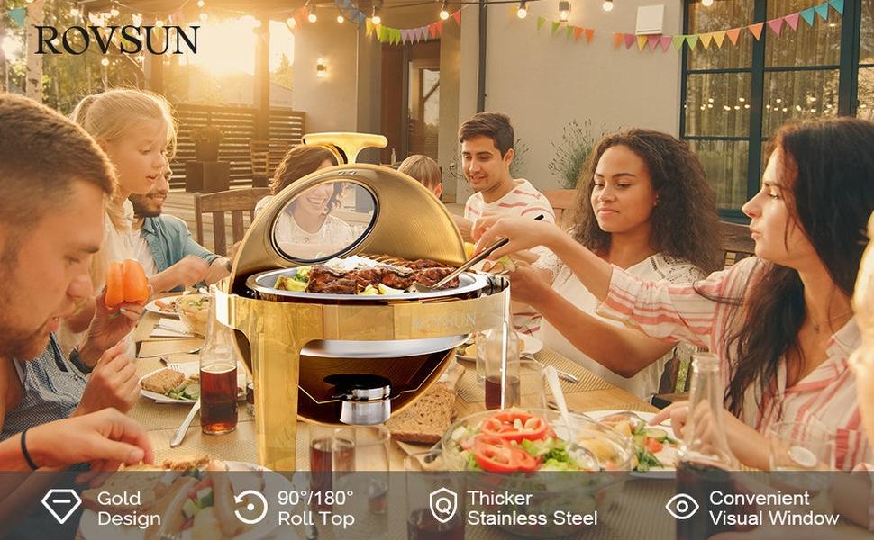 [FLASH SALE | ROVSUN ] 6 QT Roll Top Round Gold Chafing Dish Buffet Set with Visible Window