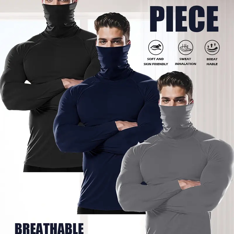 3-Piece Set of Men's Sun-Protective Sportswear with Face Mask - Lightweight, High-Elastic Compression Sportswear, Suitable for Running and Fitness.
