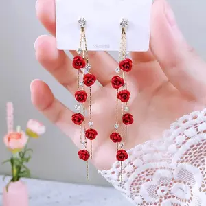 Red Rose Petal Gold Tassle Earrings