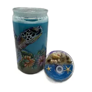 Snow Globe Beach Cup with Decorative Lid Featuring Sea Turtle Design and Seashell Accents