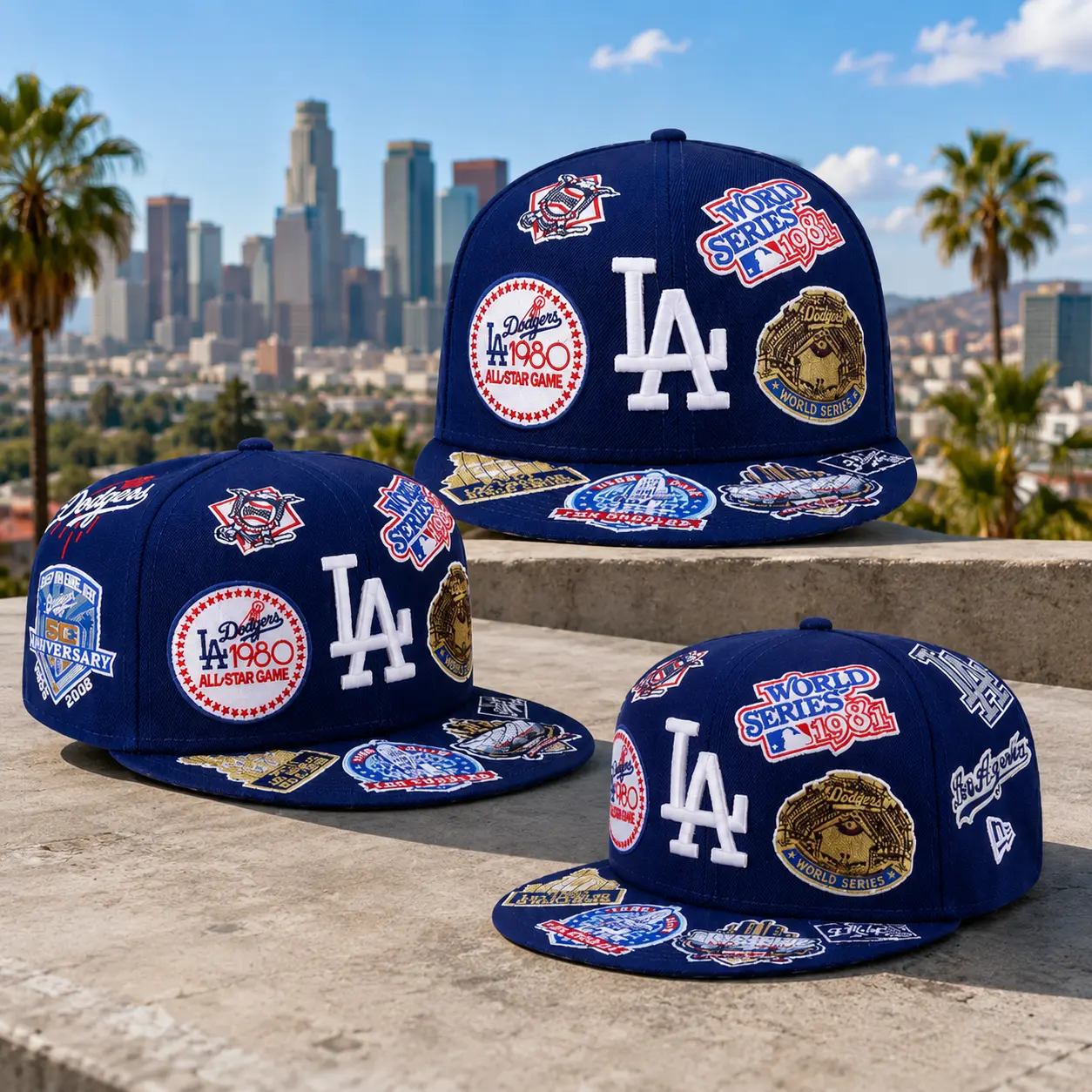 LA Navy All Over Patch Cap – Embroidered Baseball Hat, Flat Brim Streetwear Fitted Style for Men & Women