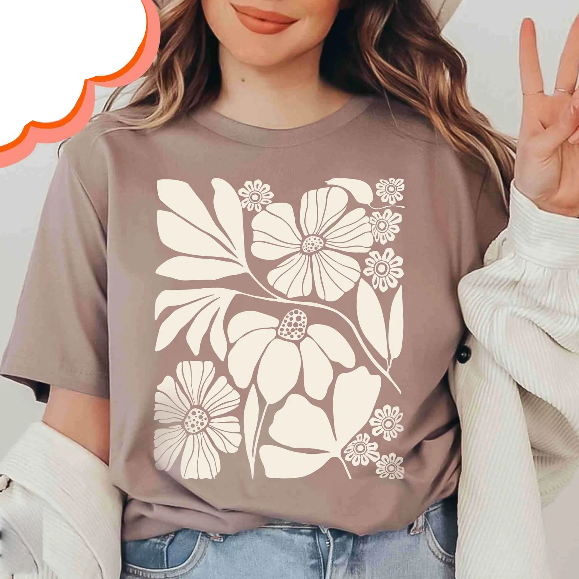 Wildflower Shirt, Flower tee, Cream Botanical Neutral t-shirt, Flower Market top, Slimming festival shirt, Minimalist Floral, Matisse Bottom Collar