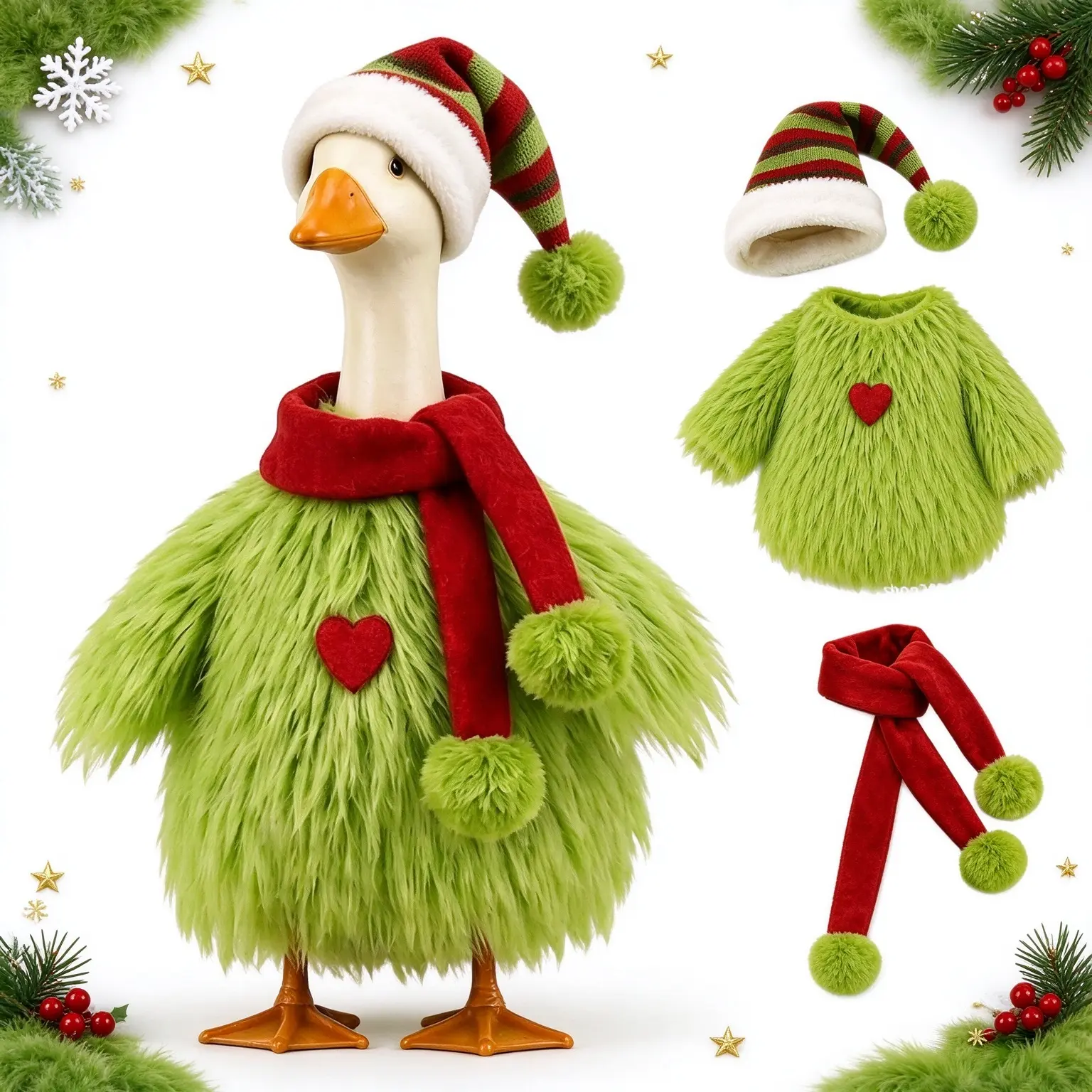 23 Inch Porch Goose Christmas Costume, Cute Fuzzy Green Monster Outfit with Hat & Scarf, Holiday Goose Clothes for Lawn, Yard, Garden, Patio & Outdoor Decor